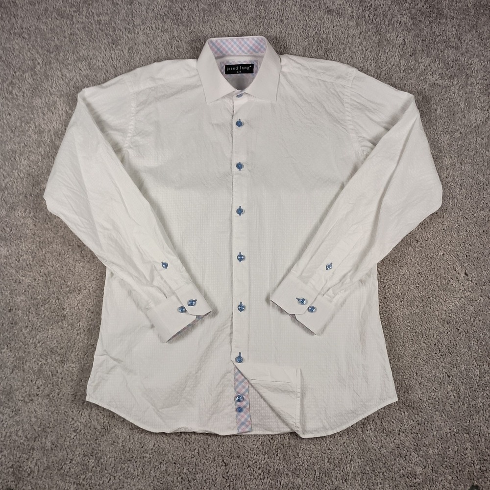 Jared Lang Button Down Shirt Mens M White Excellent Textured Dobby Blue Buttons - Picture 2 of 10